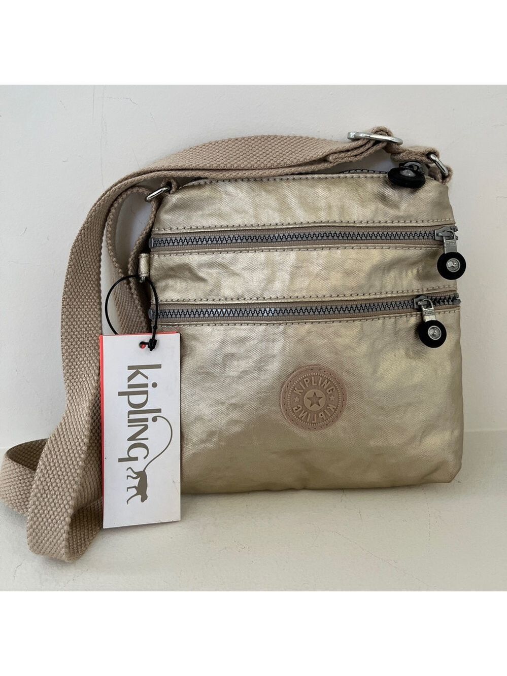 KIPLING Small Nylon Alvar Cross Body Bag Triple Zip Metallic Gold Travel NWT